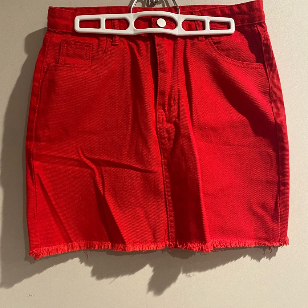 Vintage Red Denim Skirt with Frayed Hem